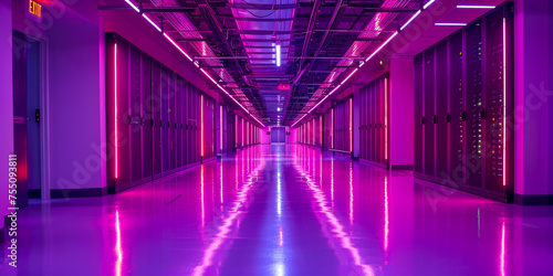 A vibrant and modern data center illuminated with neon lights along the hallway © smth.design