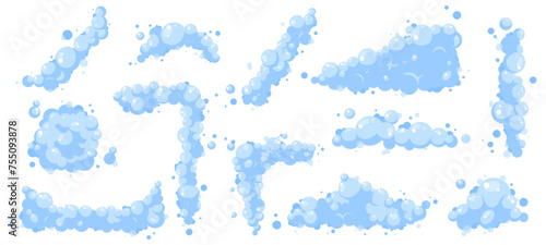 Cartoon soap foam. Blue bubbles suds borders and clouds. Cleaning, washing with shampoo or liquid shower gel. Bath or laundry snugly vector elements