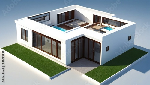 Modern minimalist house with large windows, flat roof, and outdoor pool on a clear day.