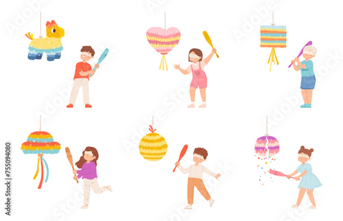 Kids hitting pinata. Children striking pinatas with confetti and candies. Childish birthday party games, funny girl and boy with closed eyes. Snugly vector characters