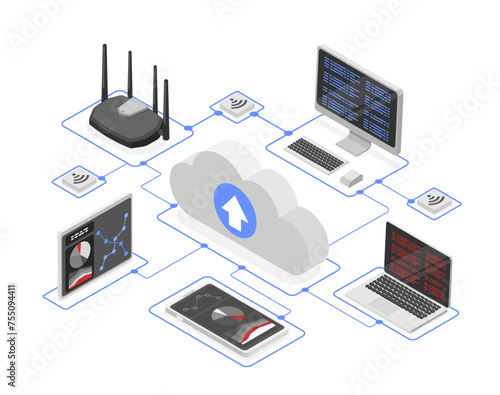 Cloud technologies digital concept. Isometric router, tablet, computer, laptop and smartphone using one hosting. Datacenter, flawless vector scene