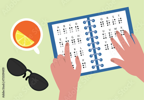 World braille day. Person learning to read with fingers. Tactile alphabet with letters in study book. Help for visually impaired human, decent vector concept