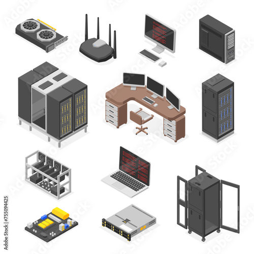 Isometric data center elements. Digital technologies, computers and monitors. Server equipment, router and components. Cloud service, flawless vector set