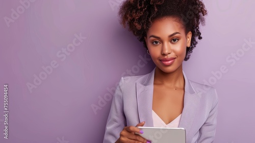 Confident young woman with curly hair holding a tablet against a purple background. Business and technology concept with place for text for design and print.