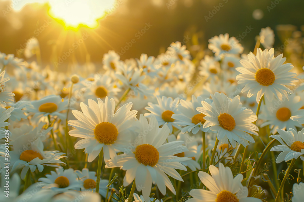 A serene blooming daisies basking in the warm, golden light of t