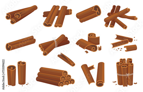 Cartoon cinnamon sticks. Isolated spice, cinnamon bark organic elements. Sweet cooking spices for bakery, desserts or coffee, neoteric vector set