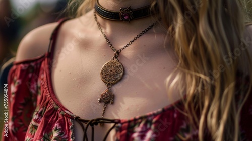 A close-up shot of a multiracial woman wearing a choker necklace