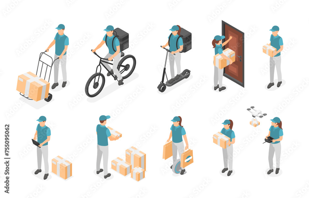 Isometric courier characters. Men women in uniform with parcels and boxes. Delivery logistic service, couriers on bike and scooter, flawless vector set Isometric courier characters. Men women in uniform with parcels and boxes. Delivery logistic service, couriers on bike and scooter, flawless vector set