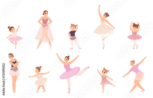 Female ballerinas. Cute girls dancers in dress and tutu skirts. Little girl dancing classic dance. Theater artists, classical snugly vector characters