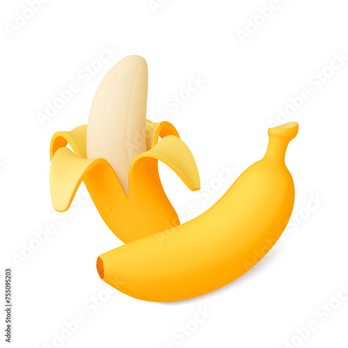 Isolated 3d bananas. Clean banana and in peel. Yellow tropical fruits, exotic vitamin sweet dessert food. Realistic render vector natural elements