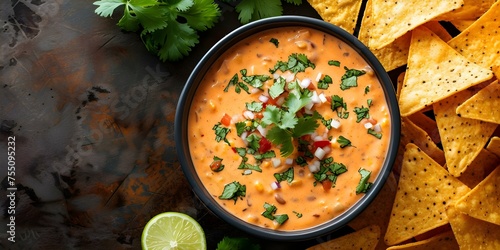 Colorful queso dip accompanied by crispy tortilla chips and zesty lime. Concept Food Photography, Queso Dip, Tortilla Chips, Lime, Appetizer photo