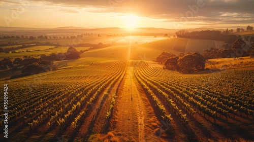 The golden hour illuminating a sprawling vineyard from an aerial perspective