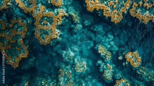 The intricate patterns of a coral reef visible from above