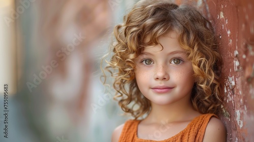 A multiracial little girl with curly hair leaning against a wall