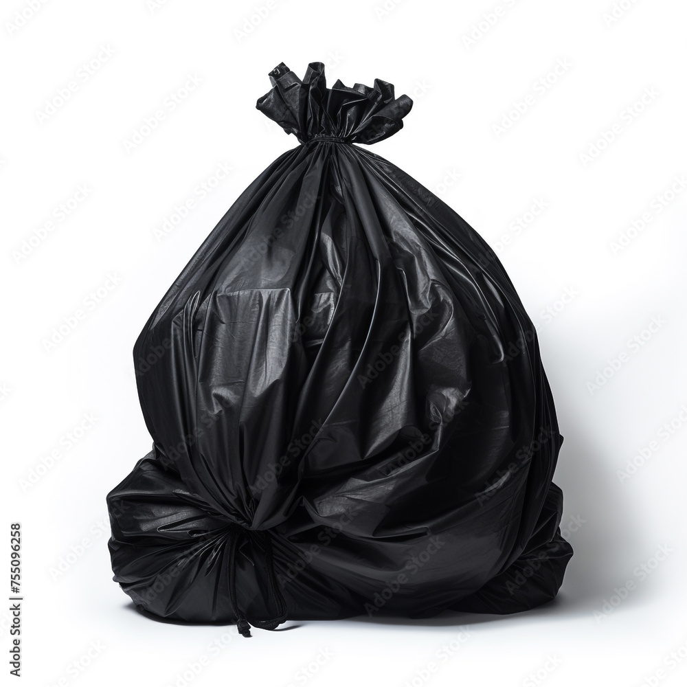 black garbage bag completely tied, white background, professional photo сreated with Generative Ai