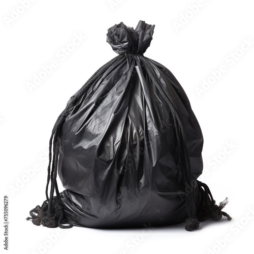 black garbage bag completely tied, white background, professional photo сreated with Generative Ai © Andrii Yablonskyi
