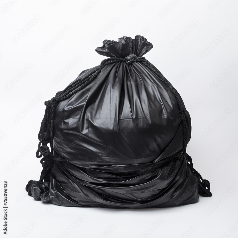 black garbage bag completely tied, white background, professional photo сreated with Generative Ai