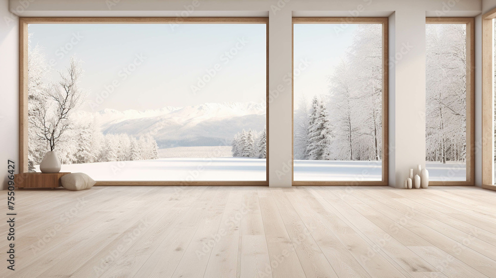Fototapeta premium Empty living room with wood floor and big window with winter landscape view