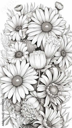 Wallpaper Mural Anti-stress coloring book for adults, children. Flower series of coloring pages. Chamomile coloring book, illustration isolated on white background. Torontodigital.ca
