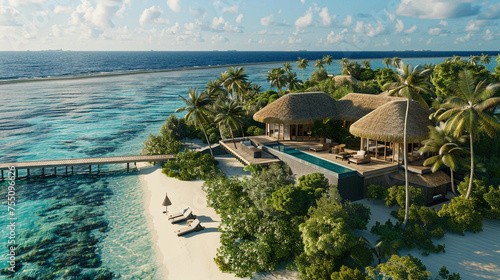 Maldives landscape with azure waters of the Indian Ocean and beach resorts