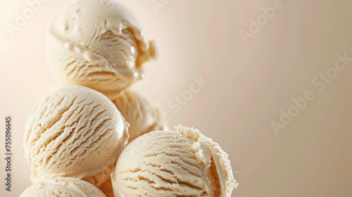 Vanilla ice cream close-up on a light beige background. Summer vibe