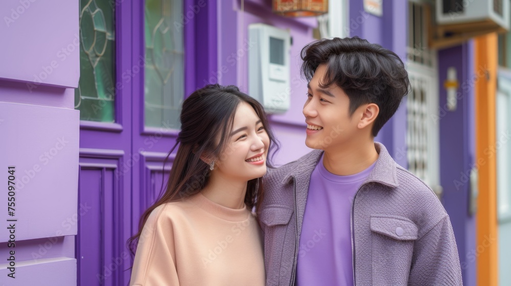 A multiracial man and woman are standing side by side A multiracial man and woman are standing side by side