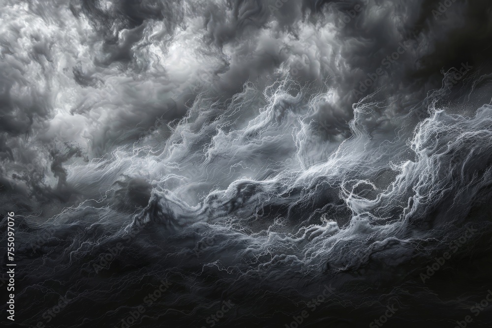 A black and white scene of turbulent storm clouds gathering in the sky, creating a dramatic and ominous atmosphere.