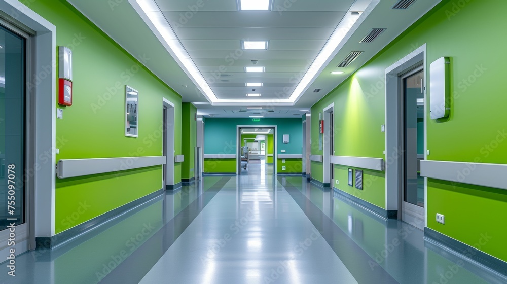 A long hallway with green walls and white trim. Multiracial people walking and interacting along the corridor