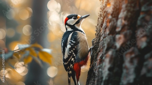 A woodpecker is perched on a tree trunk, pecking away at the bark with its beak photo