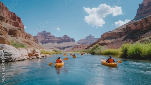 A diverse group of individuals in kayaks paddling down a river