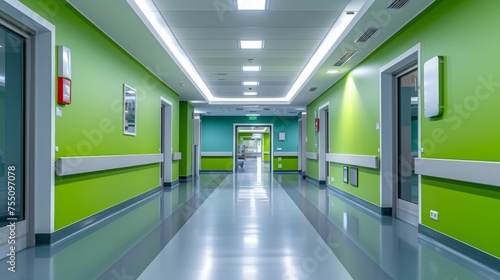 A long hallway with green walls and white trim. Multiracial people walking and interacting along the corridor