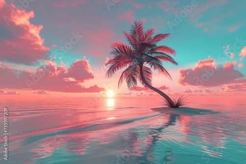 Palm Tree in the Middle of an Ocean at Sunset photo