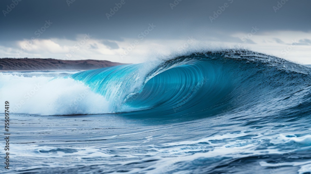 A large blue wave crashing in the middle of the ocean, creating a powerful display of force and energy