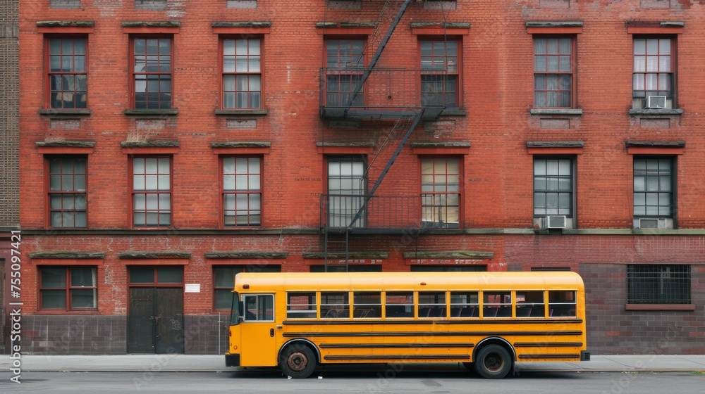 A yellow school bus is parked in front of a building, with multiracial people boarding and exiting