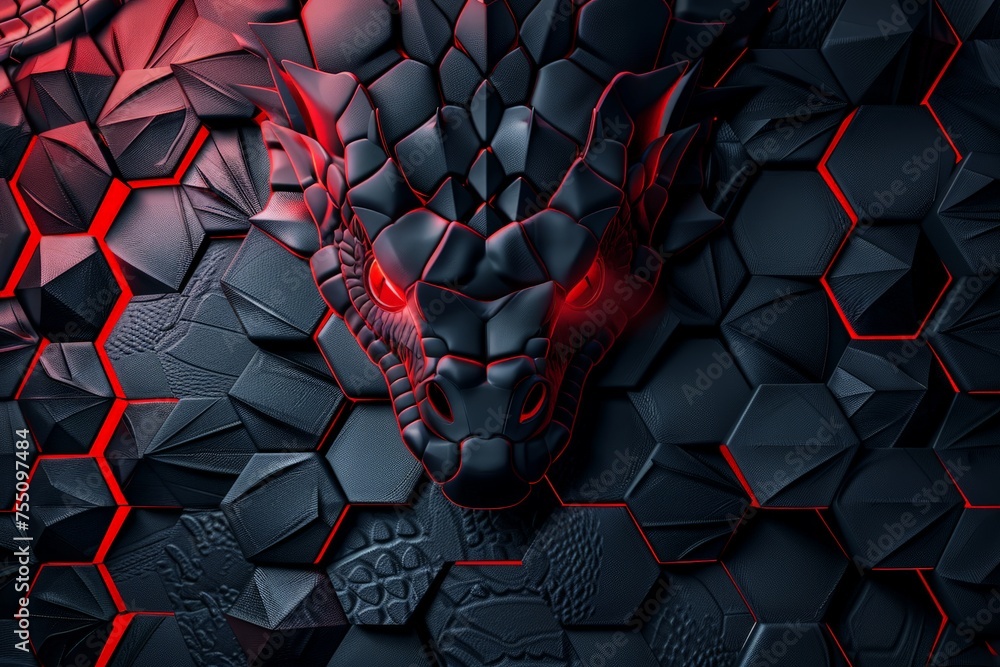 A wallpaper featuring a dragon in striking red and black hues. - obrazy, fototapety, plakaty 