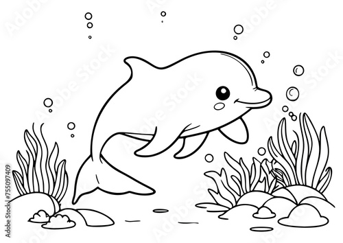 Drawing simple lines cute dolphin in the forest coloring book pages. cartoons for preschool children