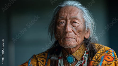 A weathered Native American man with long white hair looking into the distance photo
