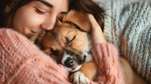 Woman snuggles with her dog asleep 