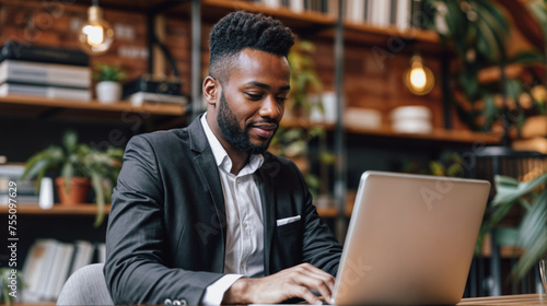 A man wearing a white shirt and a black suit jacket. He is sitting in the office in front of a laptop. The background is blurred