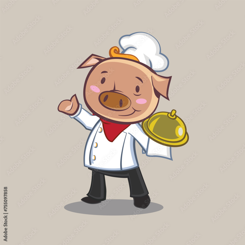 Pig character design serving a meal, Mascot Chef Pig, vector design Pig character design serving a meal, Mascot Chef Pig, vector design