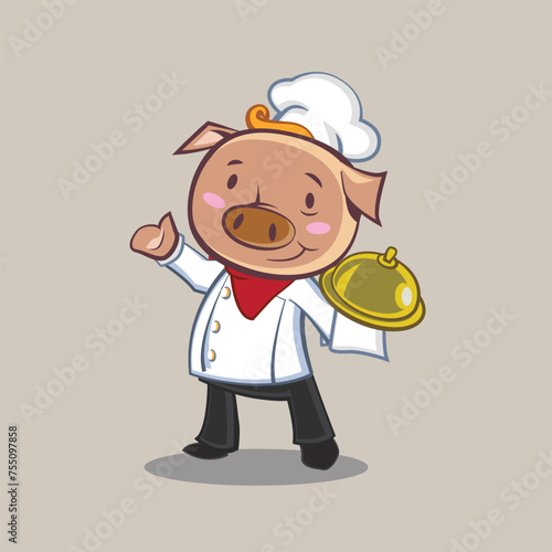 Pig character design serving a meal  Mascot Chef Pig  vector design