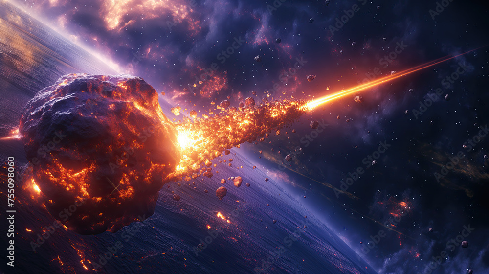 Giant asteroid being destroyed by a laser shot from a spaceship against the surface of the Earth - obrazy, fototapety, plakaty 