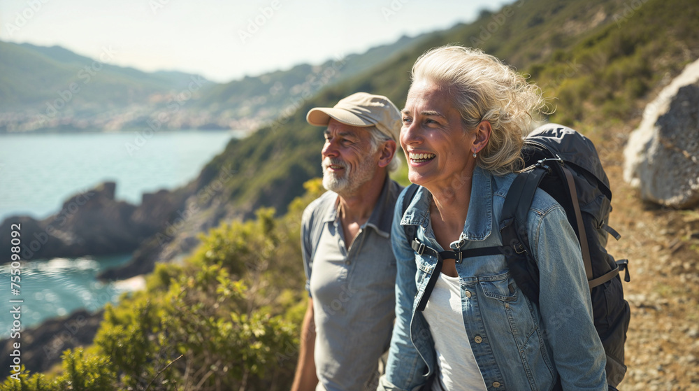 Senior retired couple hiking together at the national park for outdoor exercise and relax. Active lifestyle activity and workout concept.