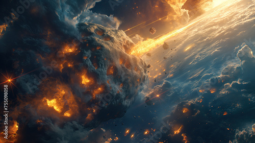 Giant asteroid being destroyed by a laser shot from a spaceship against the surface of the Earth