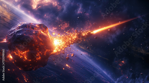 Giant asteroid being destroyed by a laser shot from a spaceship against the surface of the Earth