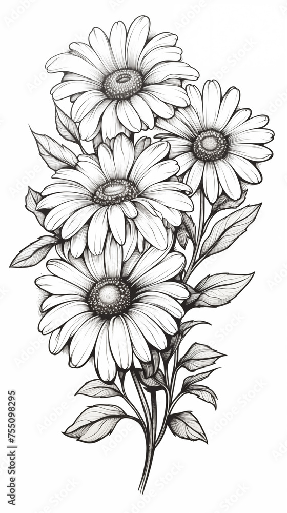 Anti-stress coloring book for adults, children. Flower series of coloring pages. Chamomile coloring book, illustration isolated on white background.