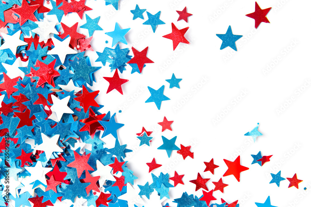 4th of July American Independence Day. Happy Independence Day. Red, blue and white star confetti, paper decorations on white background. Flat lay, top view, copy space, banner 4th of July American Independence Day. Happy Independence Day. Red, blue and white star confetti, paper decorations on white background. Flat lay, top view, copy space, banner