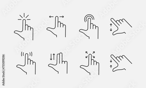 Touch screen gesture line icon set. Touchscreen technology, tap on screen, drag and drop. Vector illustration