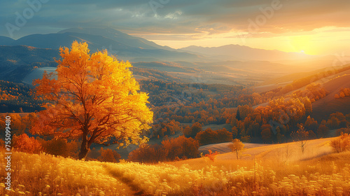 Colorful autumn landscape. Sunset in the Carpathian mountains.