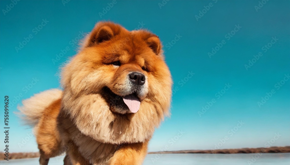 chow chow dog is jumping or running isolated on blue cyan background - obrazy, fototapety, plakaty 